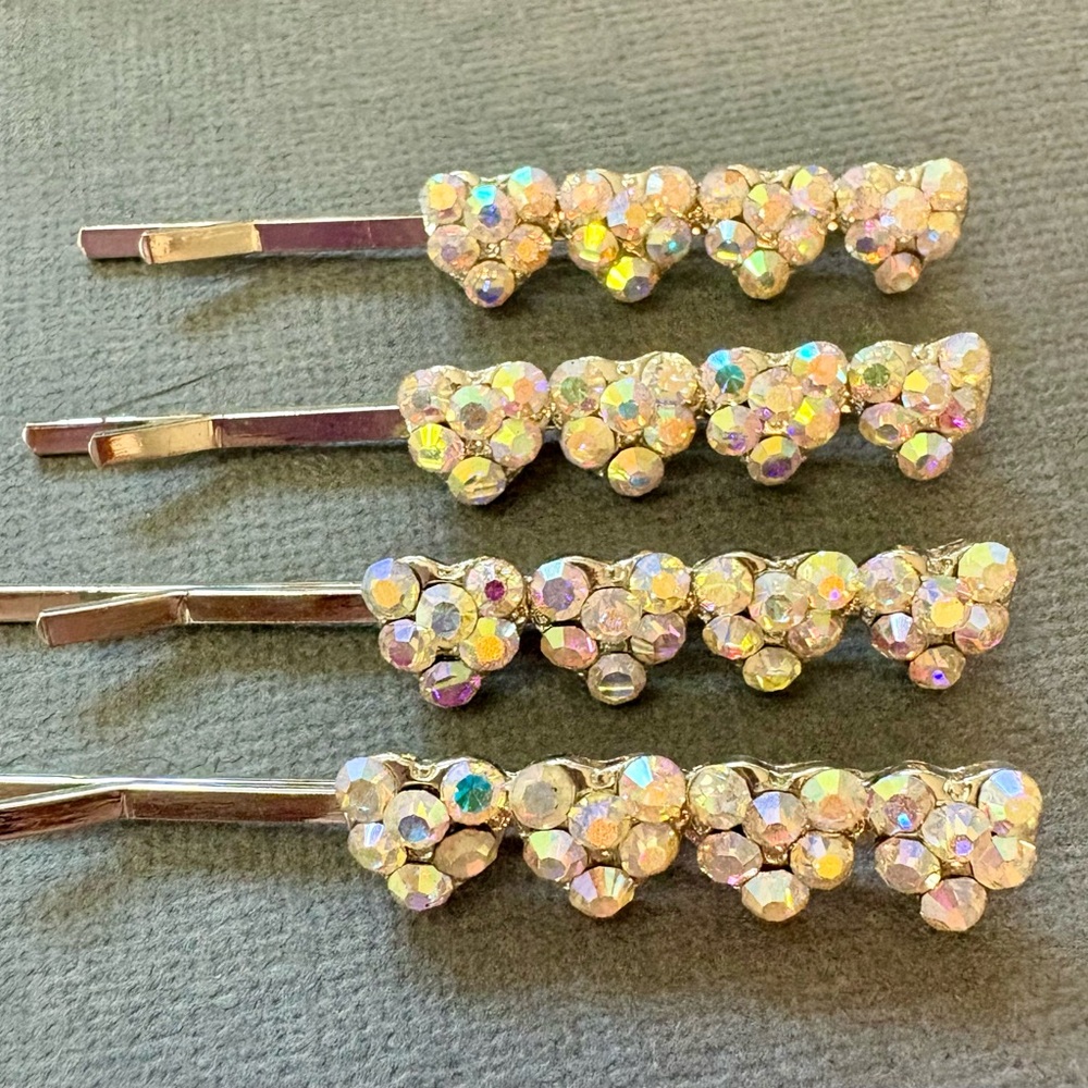 2 piece Swarofski Ab crystal Heart Bobby Pins Vtg new Hair Accessories